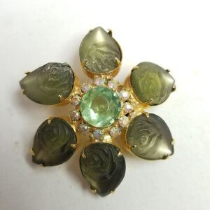 Vintage Green and Gold Tone Rhinestone Flower Brooch Unique Petal Design, Estate